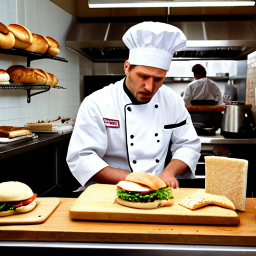 **Cross-Contamination Nightmare:** A chaotic café scene with a chef unknowingly using the same cutting board for gluten-free and regular sandwiches, emphasizing the risk of allergen cross-contamination.