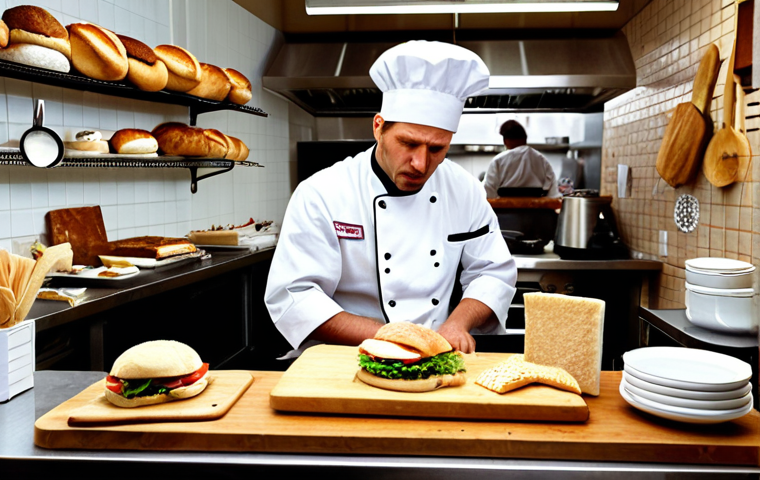 **Cross-Contamination Nightmare:** A chaotic café scene with a chef unknowingly using the same cutting board for gluten-free and regular sandwiches, emphasizing the risk of allergen cross-contamination.