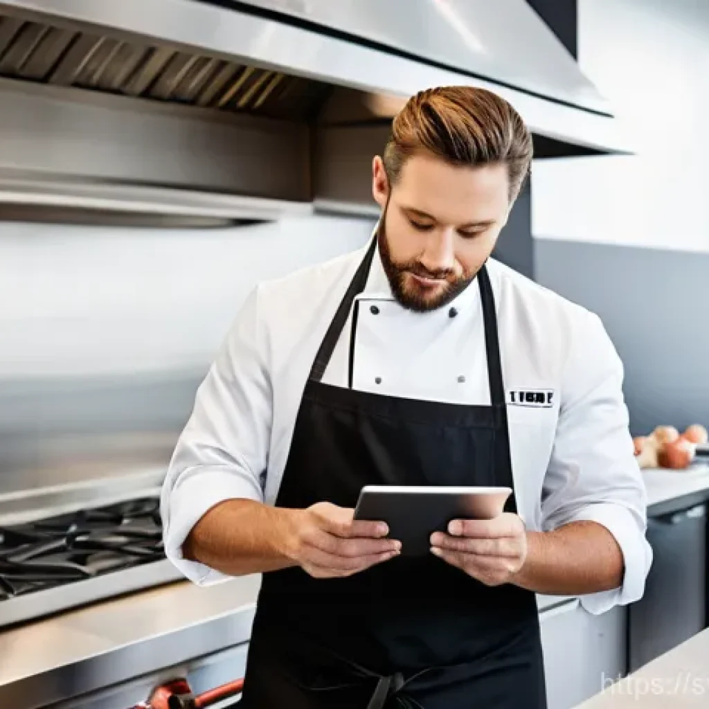 식품위생관리사 자격증 갱신 절차 - A professional chef, wearing a clean white chef's jacket and black apron, meticulously checking the ...