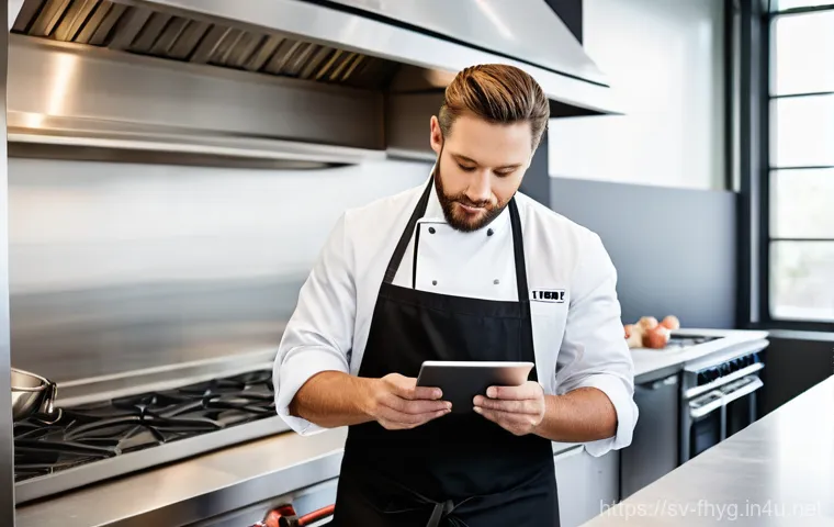 식품위생관리사 자격증 갱신 절차 - A professional chef, wearing a clean white chef's jacket and black apron, meticulously checking the ...