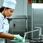 식품위생관리사 추천 자격증 학원 - **Prompt:** A brightly lit commercial kitchen scene. A female chef, wearing a clean white uniform an...