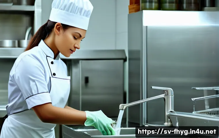 식품위생관리사 추천 자격증 학원 - **Prompt:** A brightly lit commercial kitchen scene. A female chef, wearing a clean white uniform an...