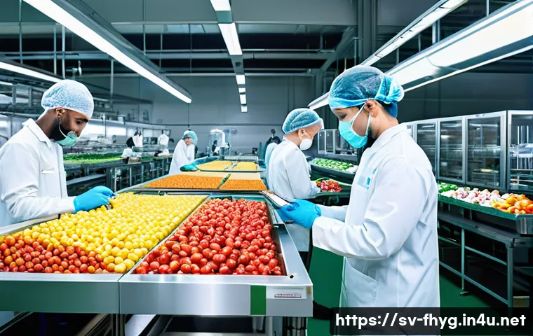 식품위생관리사 자격증의 국제적 인정 - **Prompt:** "A panoramic shot of a modern, gleaming food production facility. In the foreground, a d...