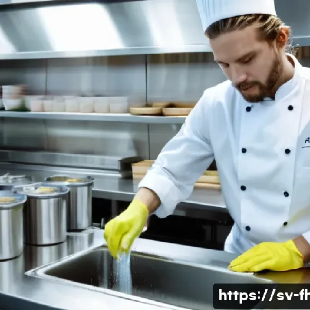 식품위생관리사 실기 대비 꿀팁 - A professional kitchen scene in a Swedish restaurant featuring a chef wearing clean white work cloth...