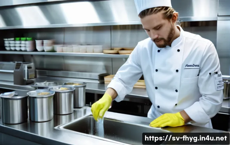 식품위생관리사 실기 대비 꿀팁 - A professional kitchen scene in a Swedish restaurant featuring a chef wearing clean white work cloth...