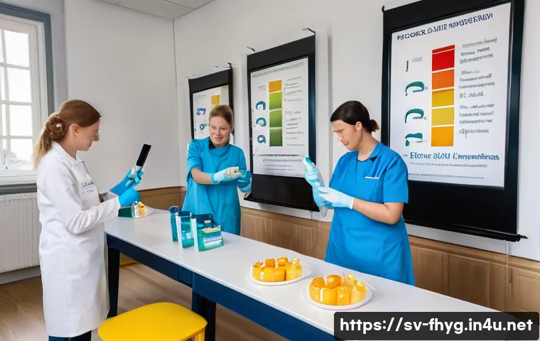 식품위생관리사 자격증 난이도 분석 - A professional food safety training classroom scene in Sweden, showing a diverse group of adult stud...