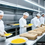 식품위생관리사와 관련된 윤리적 문제 - A modern Scandinavian food processing facility interior with diverse employees wearing clean uniform...