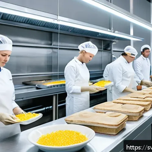 식품위생관리사와 관련된 윤리적 문제 - A modern Scandinavian food processing facility interior with diverse employees wearing clean uniform...