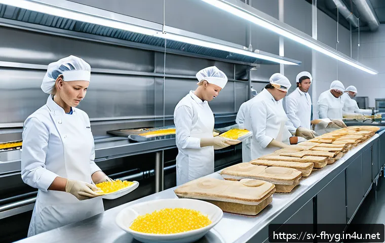 식품위생관리사와 관련된 윤리적 문제 - A modern Scandinavian food processing facility interior with diverse employees wearing clean uniform...