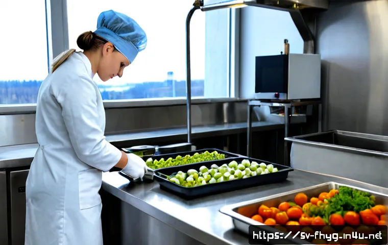 식품위생관리사 초보자를 위한 실무 가이드 - Photorealistic food safety beginner training scene in a clean Swedish commercial kitchen, a focused ...