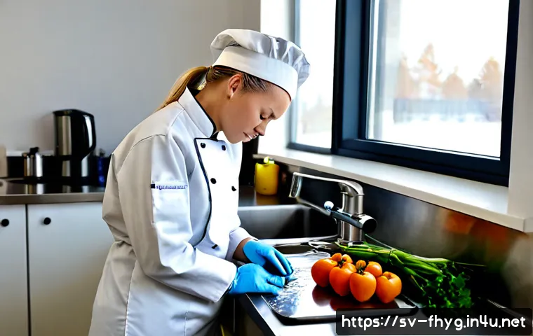 식품위생 실습 시험에서 고득점하는 방법 - Photorealistic Swedish culinary student in a spotless food hygiene training kitchen, carefully washi...
